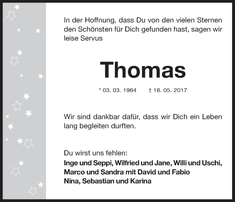  Traueranzeige für Thomas Zocher vom 24.05.2017 aus MGO