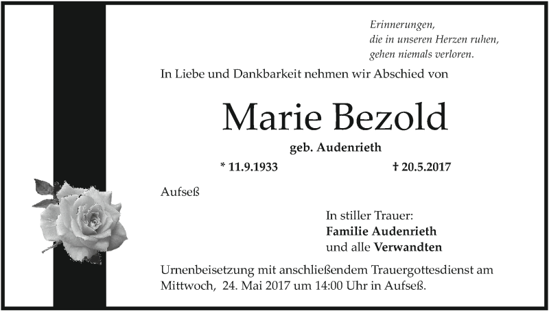  Traueranzeige für Marie Bezold vom 23.05.2017 aus MGO