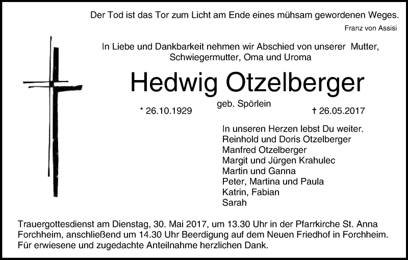  Traueranzeige für Hedwig Otzelberger vom 29.05.2017 aus MGO