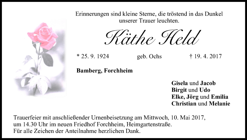  Traueranzeige für Käthe Held vom 06.05.2017 aus MGO