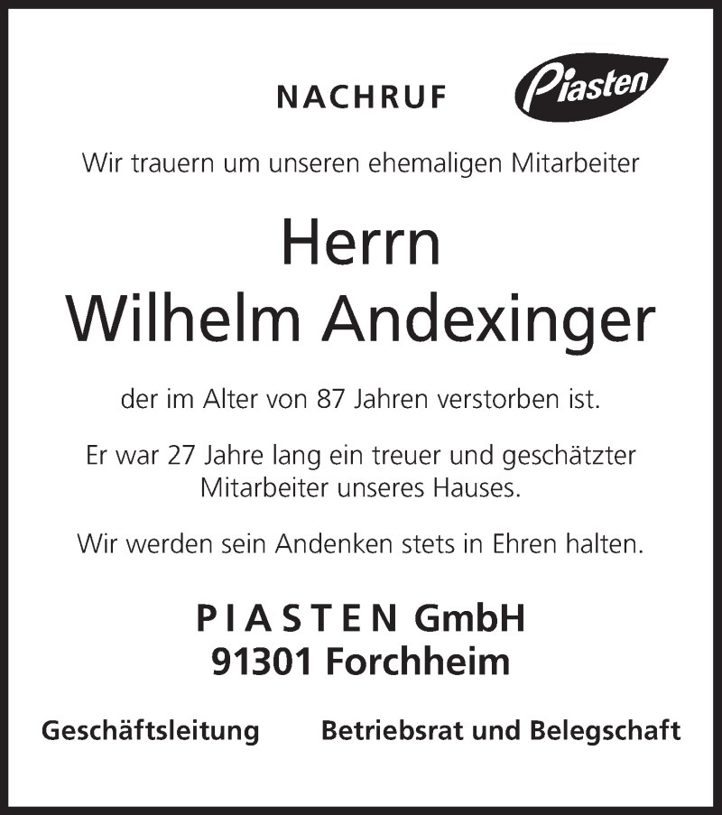  Traueranzeige für Wilhelm Andexinger vom 18.05.2017 aus MGO