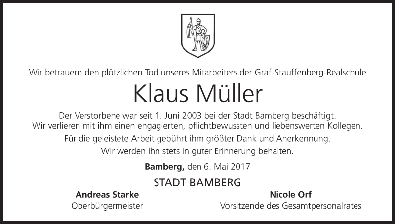  Traueranzeige für Klaus Müller vom 06.05.2017 aus MGO