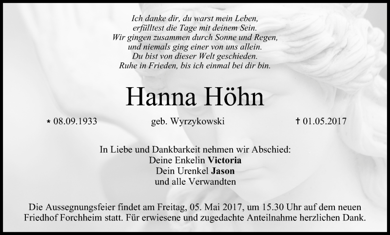  Traueranzeige für Hanna Höhn vom 03.05.2017 aus MGO