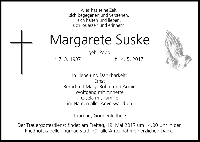  Traueranzeige für Margarete Suske vom 17.05.2017 aus MGO