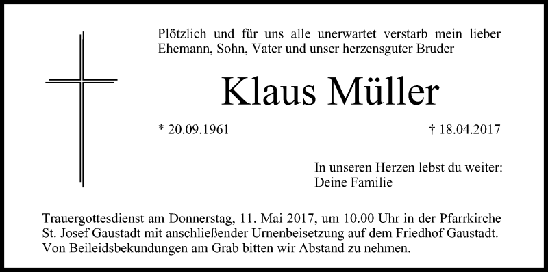  Traueranzeige für Klaus Müller vom 06.05.2017 aus MGO