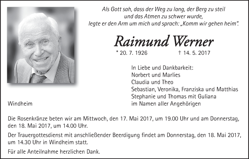  Traueranzeige für Raimund Werner vom 16.05.2017 aus MGO