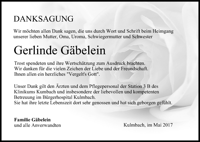  Traueranzeige für Gerlinde Gäbelein vom 27.05.2017 aus MGO