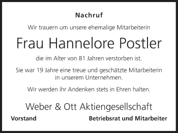 Anzeige von Hannelore Postler von MGO