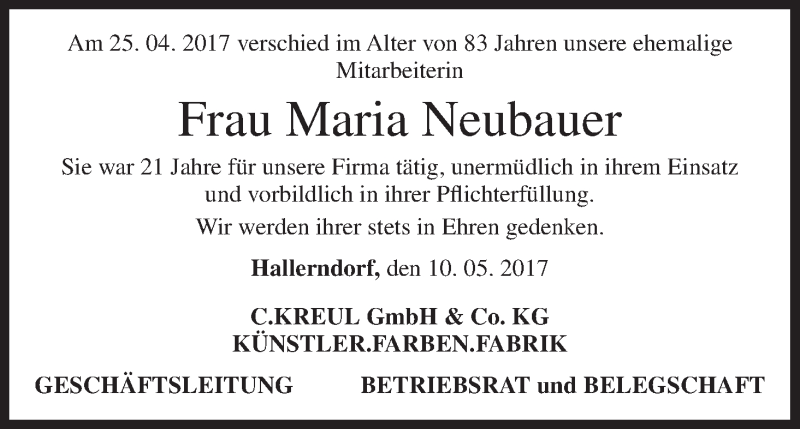  Traueranzeige für Maria Neubauer vom 10.05.2017 aus MGO