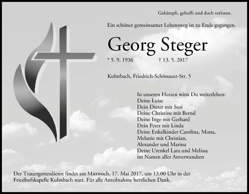  Traueranzeige für Georg Steger vom 16.05.2017 aus MGO