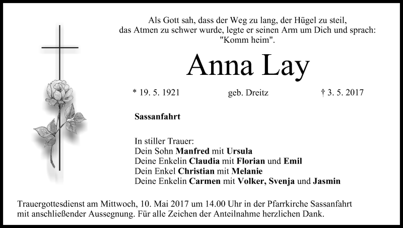  Traueranzeige für Anna Lay vom 06.05.2017 aus MGO