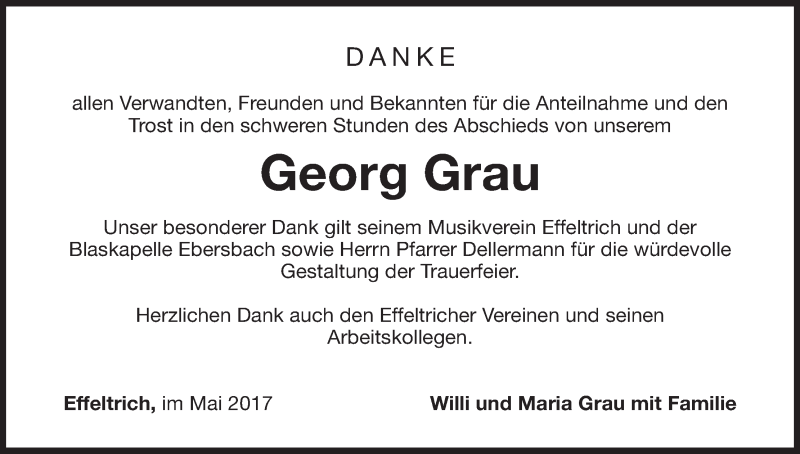  Traueranzeige für Georg Grau vom 13.05.2017 aus MGO
