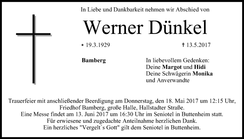  Traueranzeige für Werner Dünkel vom 17.05.2017 aus MGO