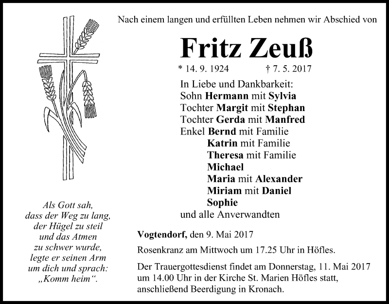  Traueranzeige für Fritz Zeuß vom 09.05.2017 aus MGO