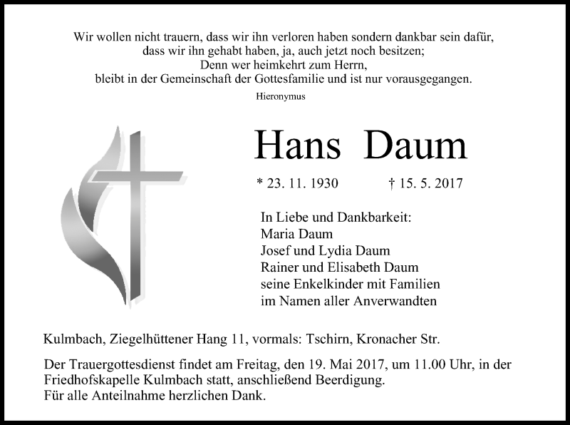  Traueranzeige für Hans Daum vom 18.05.2017 aus MGO