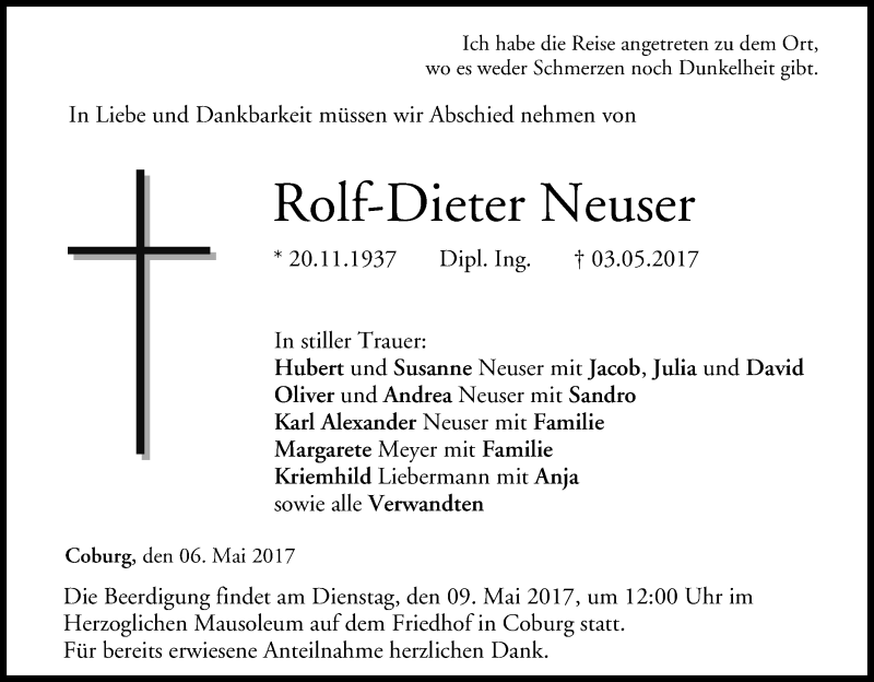  Traueranzeige für Rolf-Dieter Neuser vom 06.05.2017 aus MGO