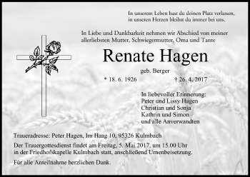 Anzeige von Renate Hagen von MGO