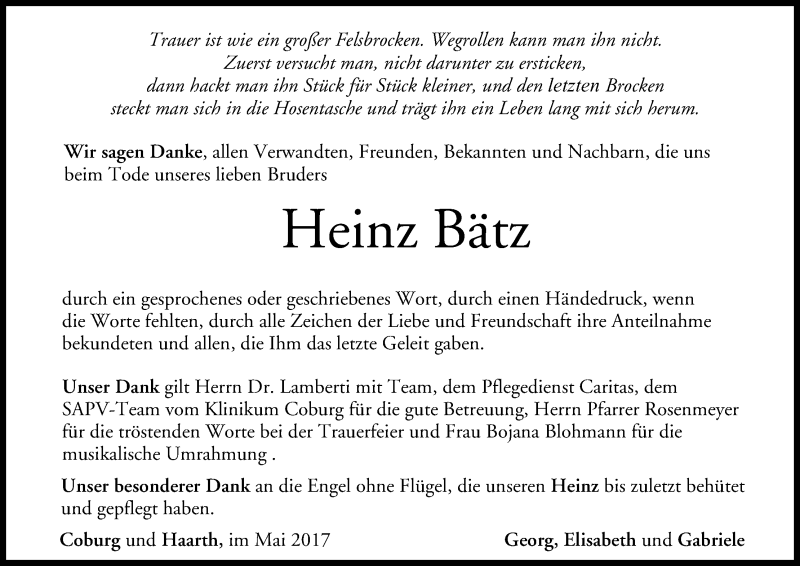  Traueranzeige für Heinz Bätz vom 20.05.2017 aus MGO