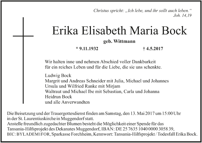  Traueranzeige für Erika Elisabeth Maria Bock vom 08.05.2017 aus MGO