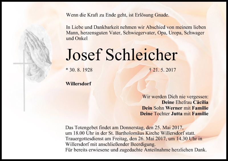  Traueranzeige für Josef Schleicher vom 24.05.2017 aus MGO