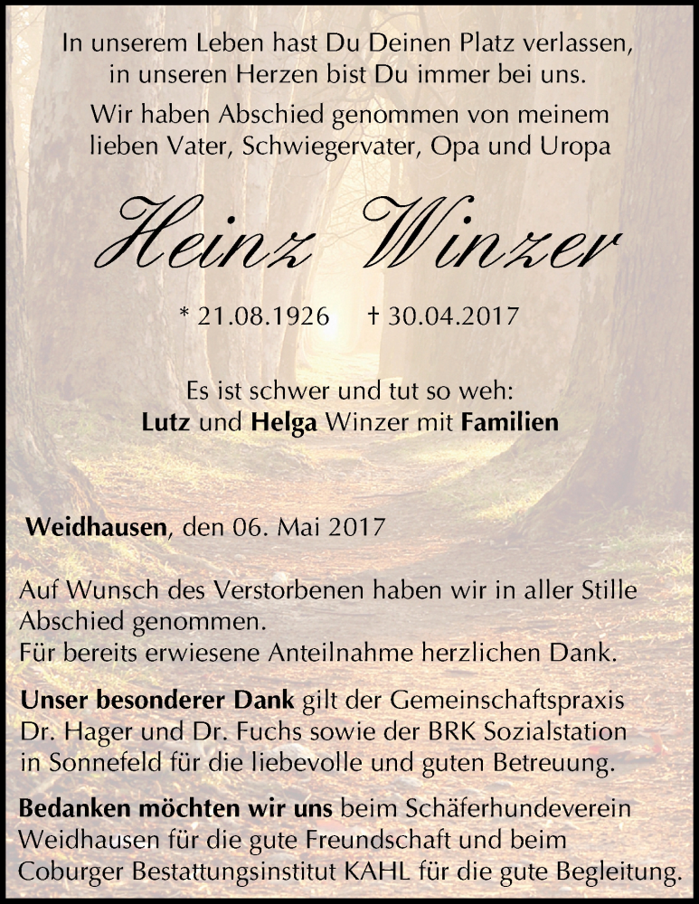  Traueranzeige für Heinz Winzer vom 06.05.2017 aus MGO