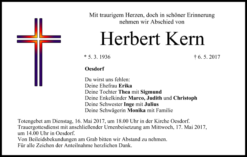  Traueranzeige für Herbert Kern vom 13.05.2017 aus MGO