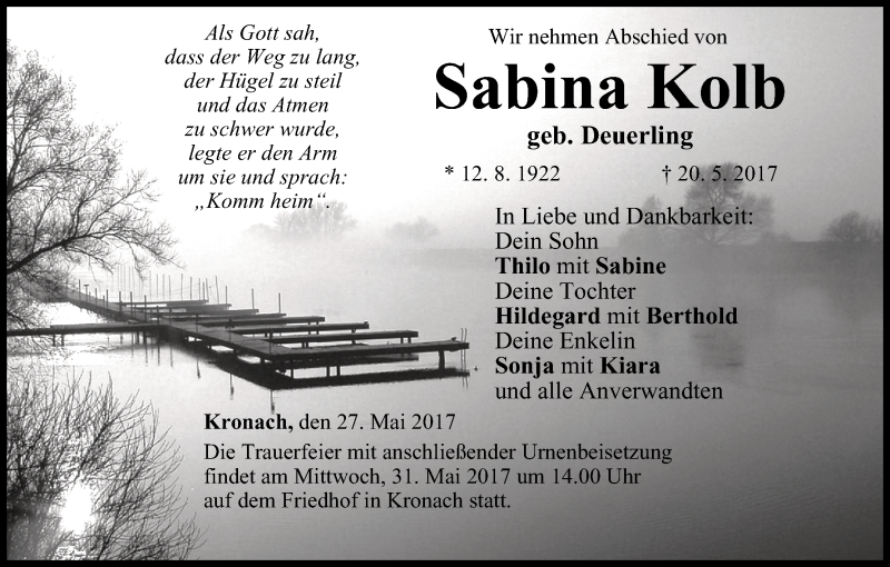  Traueranzeige für Sabina Kolb vom 27.05.2017 aus MGO