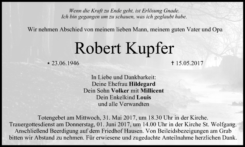  Traueranzeige für Robert Kupfer vom 29.05.2017 aus MGO