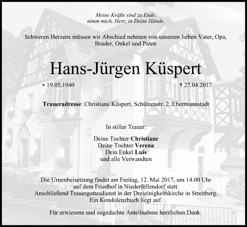  Traueranzeige für Hans-Jürgen Küspert vom 06.05.2017 aus MGO