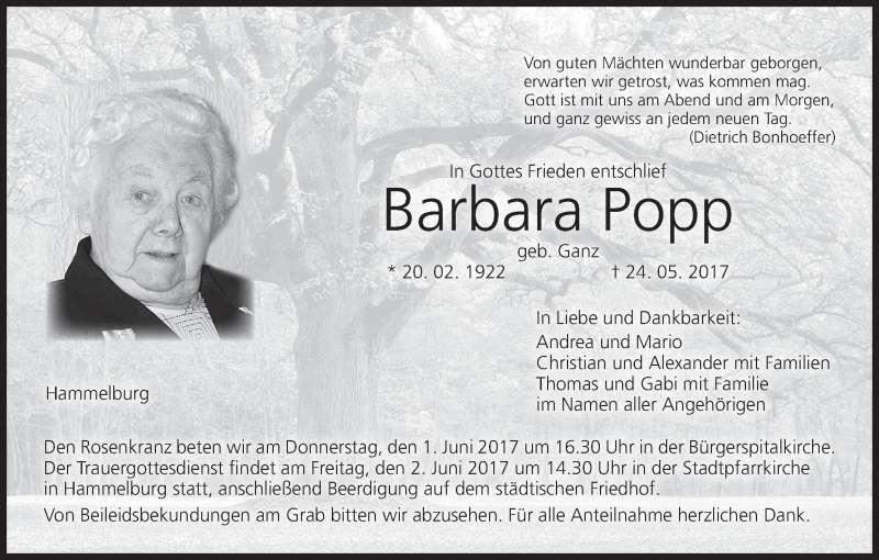  Traueranzeige für Barbara Popp vom 30.05.2017 aus MGO