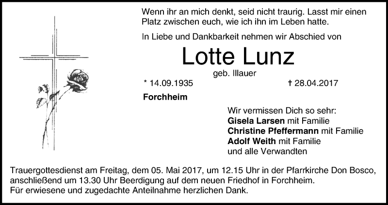  Traueranzeige für Lotte Lunz vom 03.05.2017 aus MGO