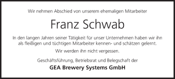 Anzeige von Franz Schwab von MGO