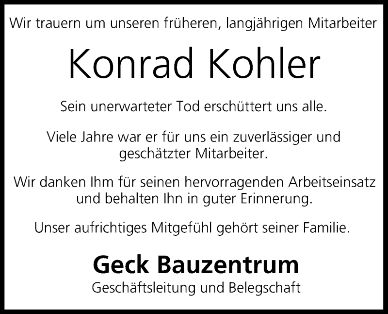  Traueranzeige für Konrad Kohler vom 31.05.2017 aus MGO