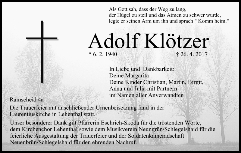  Traueranzeige für Adolf Klötzer vom 13.05.2017 aus MGO