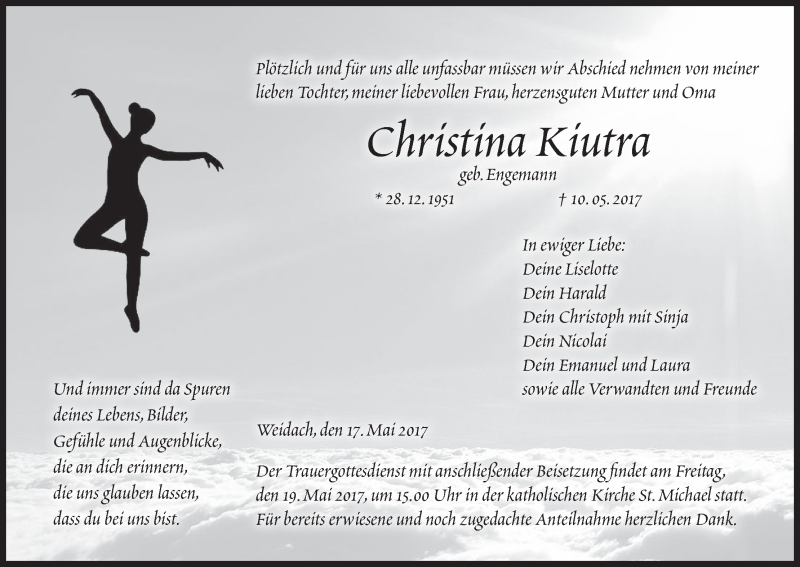  Traueranzeige für Christina Kiutra vom 17.05.2017 aus MGO