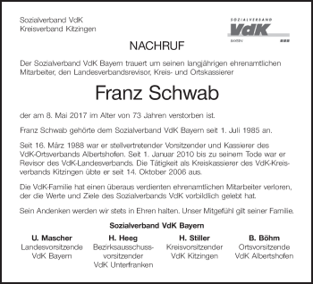 Anzeige von Franz Schwab von MGO