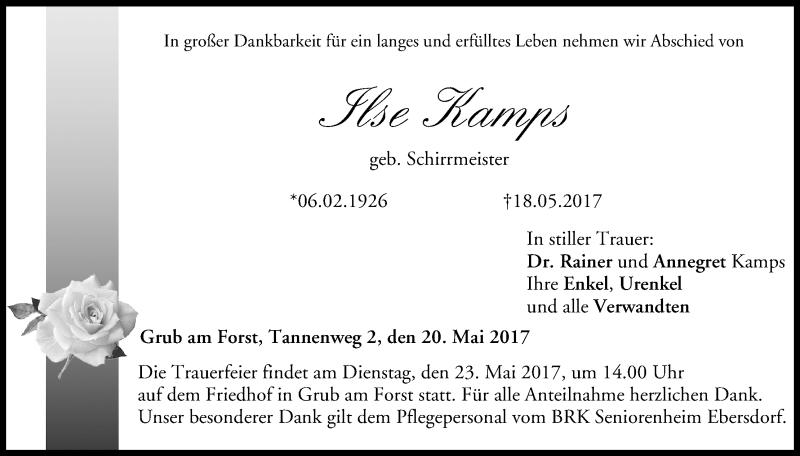  Traueranzeige für Ilse Kamps vom 20.05.2017 aus MGO