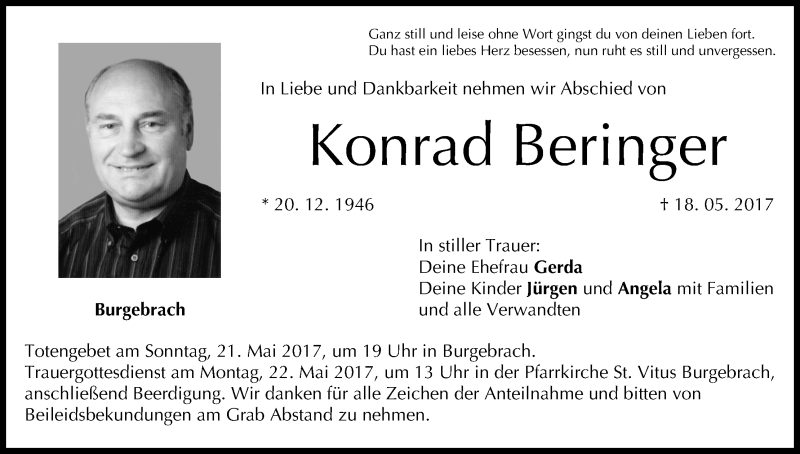  Traueranzeige für Konrad Beringer vom 20.05.2017 aus MGO