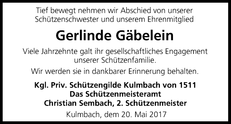  Traueranzeige für Gerlinde Gäbelein vom 20.05.2017 aus MGO