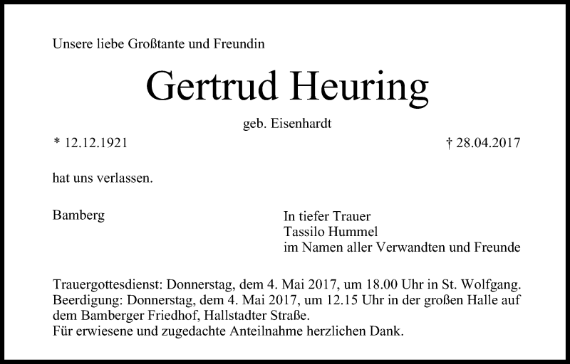  Traueranzeige für Gertrud Heuring vom 03.05.2017 aus MGO