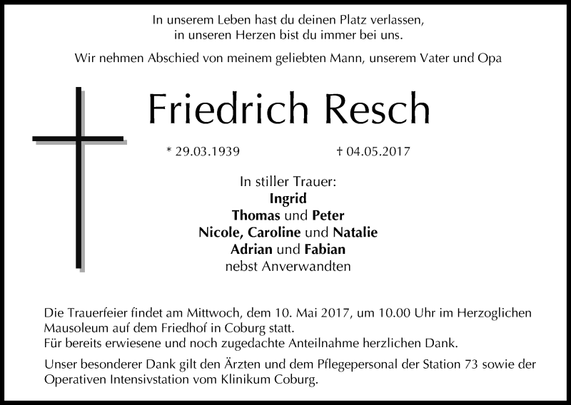  Traueranzeige für Friedrich Resch vom 06.05.2017 aus MGO