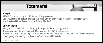 Anzeige von Totentafel vom 11.05.2017 von MGO