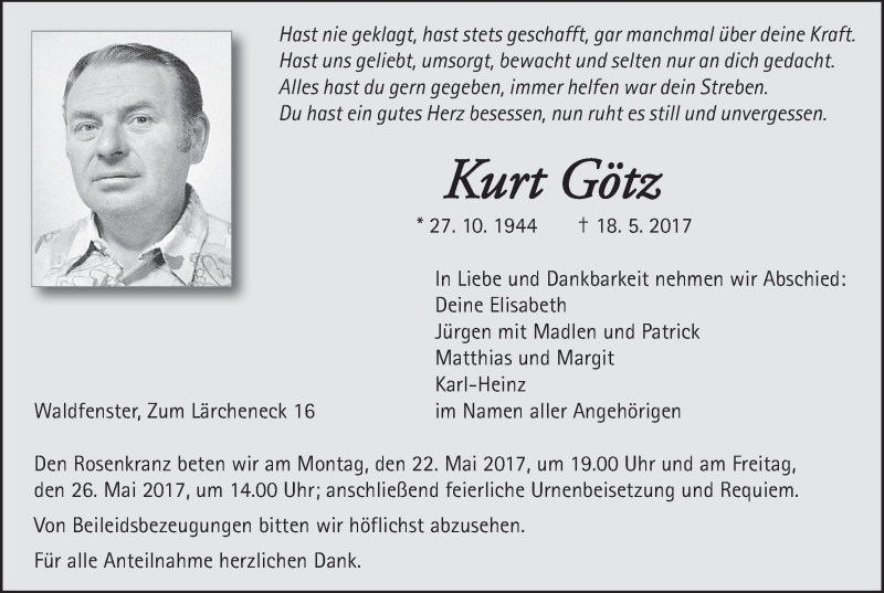  Traueranzeige für Kurt Götz vom 20.05.2017 aus MGO