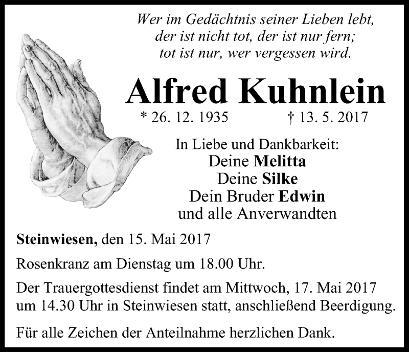  Traueranzeige für Alfred Kuhnlein vom 15.05.2017 aus MGO