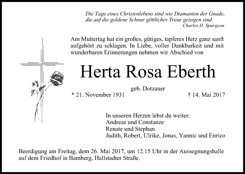  Traueranzeige für Herta Rosa Eberth vom 24.05.2017 aus MGO