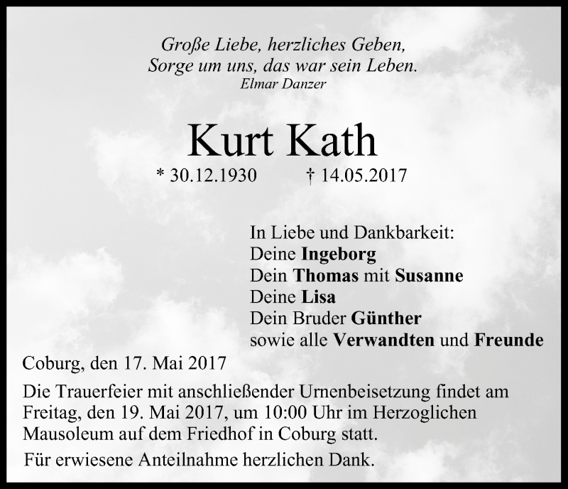  Traueranzeige für Kurt Kath vom 17.05.2017 aus MGO