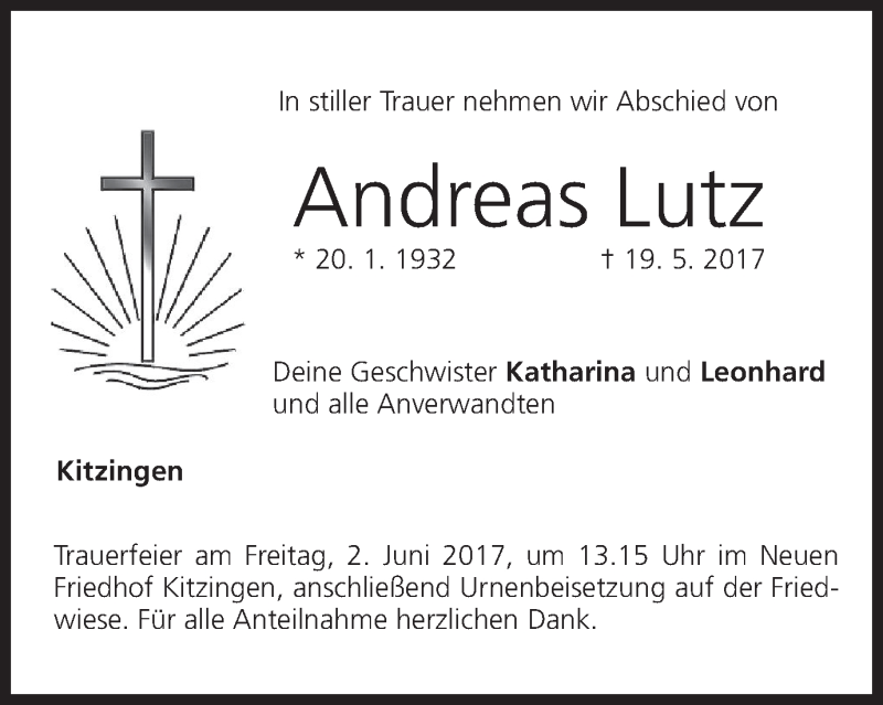  Traueranzeige für Andreas Lutz vom 31.05.2017 aus MGO