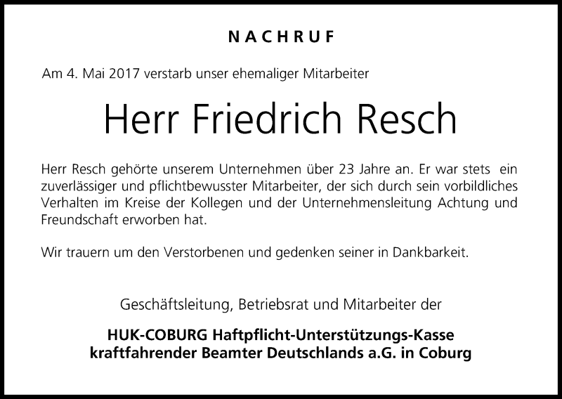  Traueranzeige für Friedrich Resch vom 11.05.2017 aus MGO
