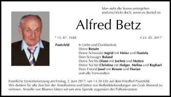 Anzeige von Alfred Betz von MGO