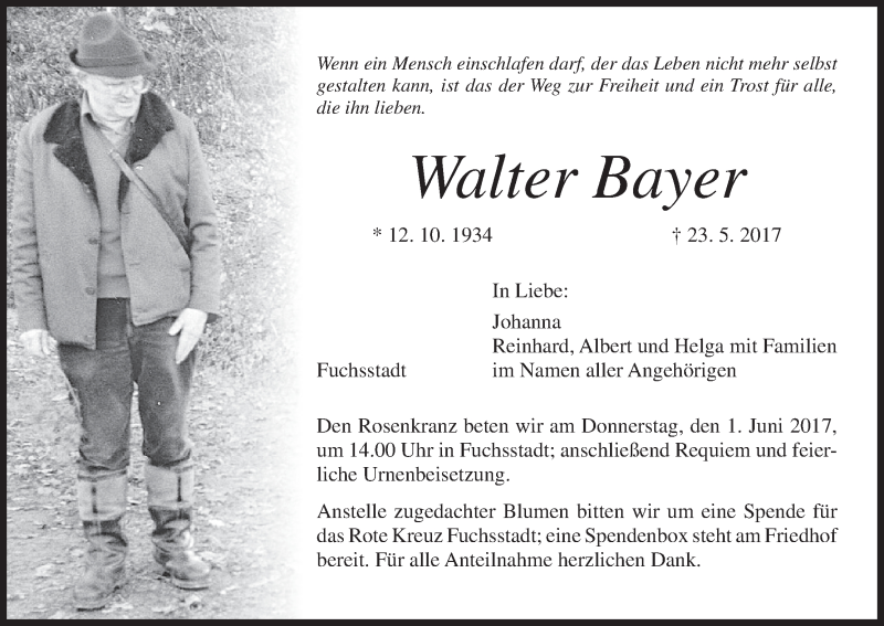  Traueranzeige für Walter Bayer vom 29.05.2017 aus MGO